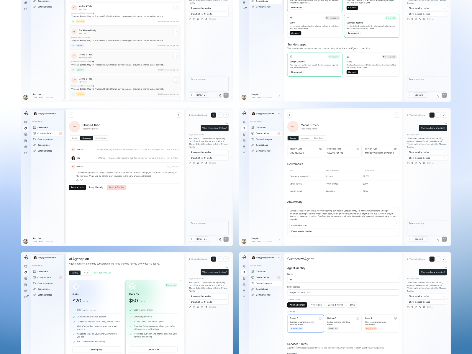 Internal pages — connections, conversation detail, plans, and agent customization